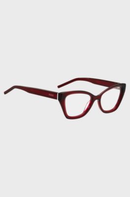 Red-acetate optical frames with temple logos, Red