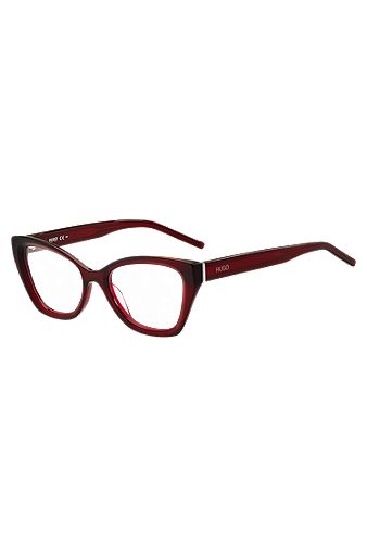 Red-acetate optical frames with temple logos, Red