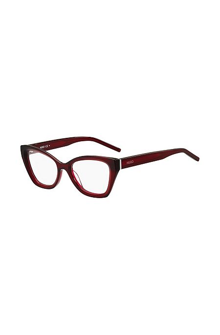 Red-acetate optical frames with temple logos, Red