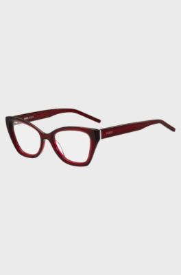 Red-acetate optical frames with temple logos, Red