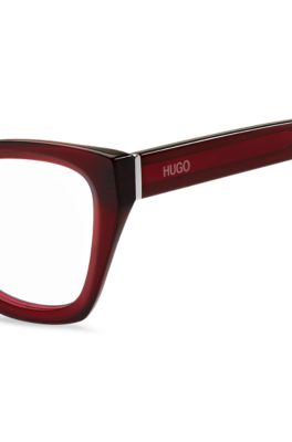 Red-acetate optical frames with temple logos, Red
