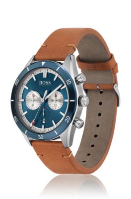 hugo boss watch blue face leather strap