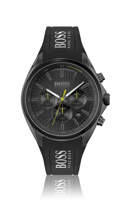 Montre chronographe en acier plaqué noir avec bracelet en silicone, Noir