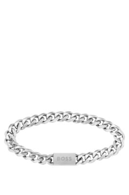 Silver-tone chain cuff with logo closure, Silver tone