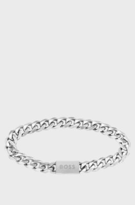 Silver-tone chain cuff with logo closure, Silver tone