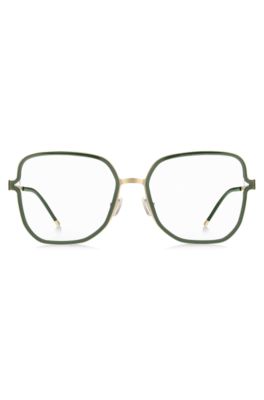 Green optical frames with forked temples and branded chain, Green