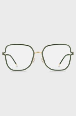 Green optical frames with forked temples and branded chain, Green