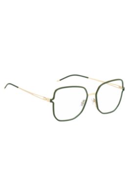 Green optical frames with forked temples and branded chain, Green