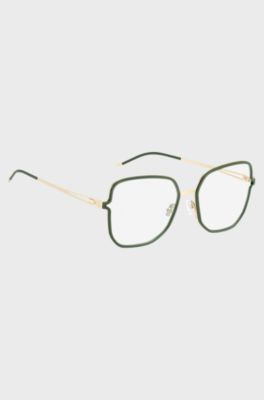 Green optical frames with forked temples and branded chain, Green