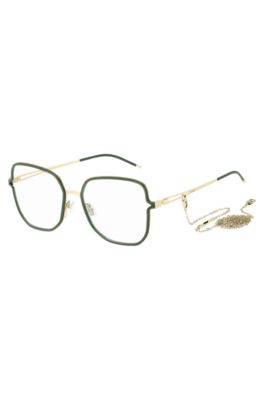 Green optical frames with forked temples and branded chain, Green