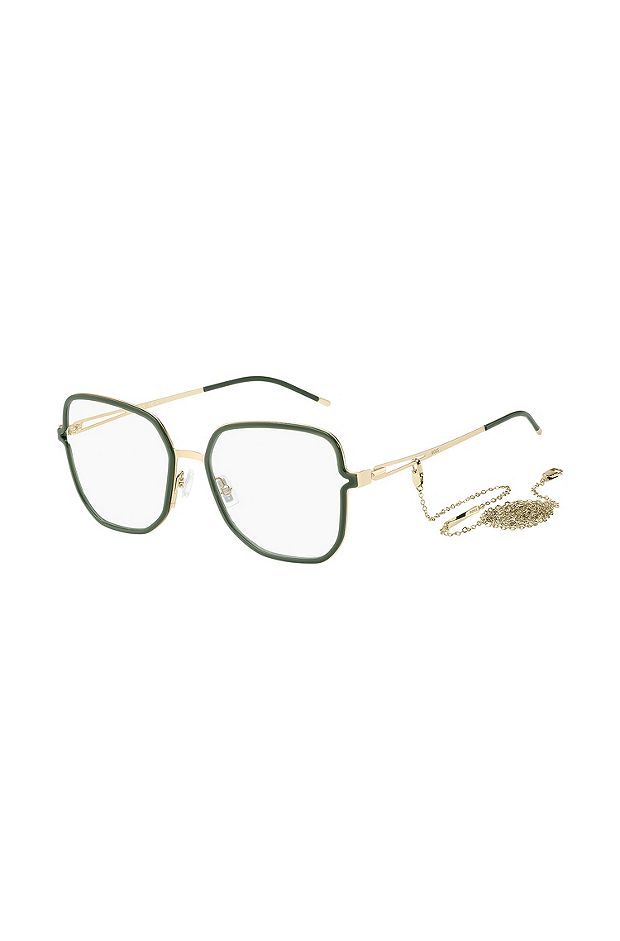 Green optical frames with forked temples and branded chain, Green