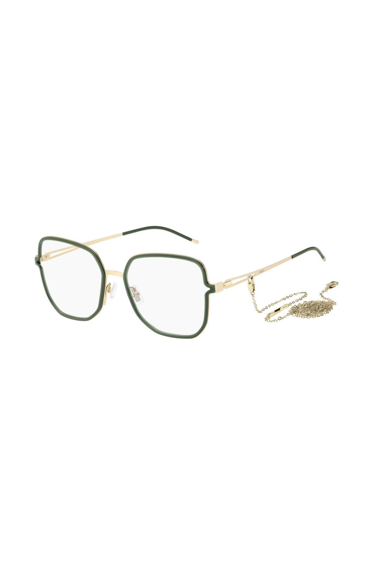 Green optical frames with forked temples and branded chain, Green
