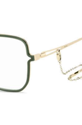 Green optical frames with forked temples and branded chain, Green