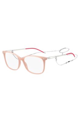 Pink-acetate optical frames with branded chain, light pink