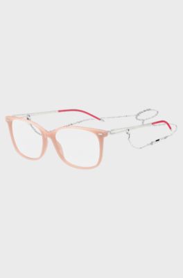 Pink-acetate optical frames with branded chain, light pink