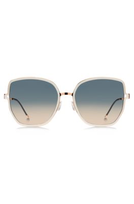 Gold-tone sunglasses with forked temples and branded chain, Light Beige