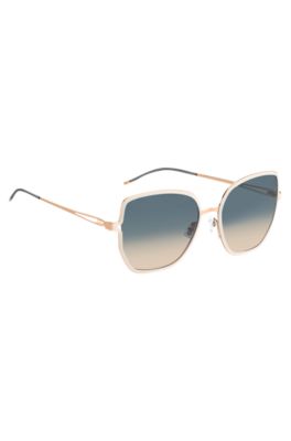 Gold-tone sunglasses with forked temples and branded chain, Light Beige
