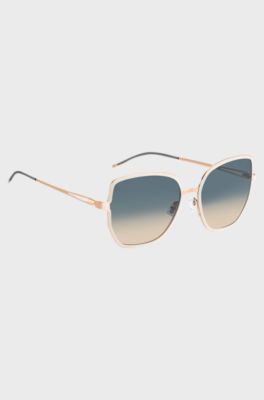 Gold-tone sunglasses with forked temples and branded chain, Light Beige