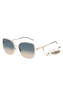 Gold-tone sunglasses with forked temples and branded chain, Light Beige