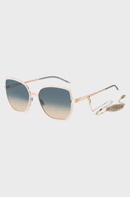 Gold-tone sunglasses with forked temples and branded chain, Light Beige