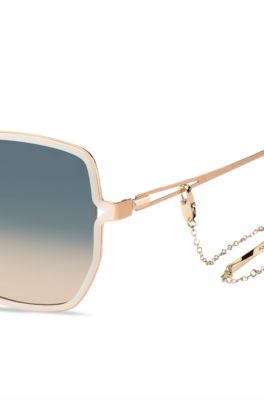 Gold-tone sunglasses with forked temples and branded chain, Light Beige
