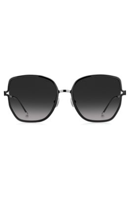 Black-frame sunglasses with forked temples and branded chain, Black