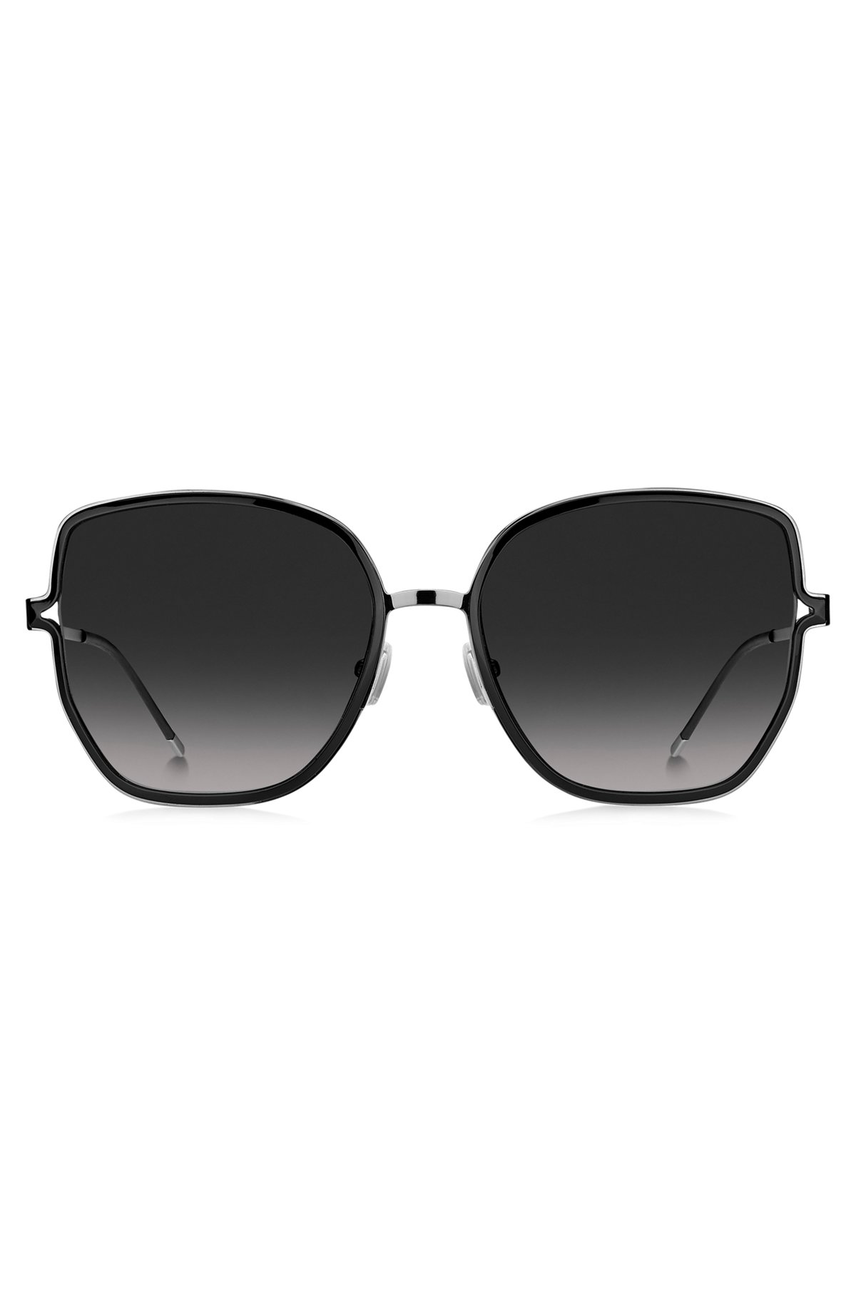 Black-frame sunglasses with forked temples and branded chain, Black