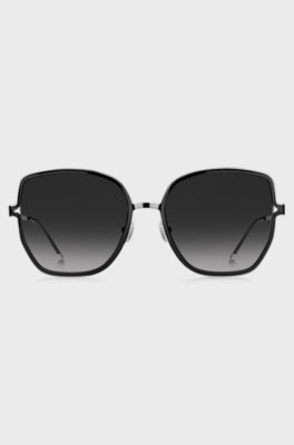 Black-frame sunglasses with forked temples and branded chain, Black