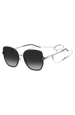 Black-frame sunglasses with forked temples and branded chain, Black