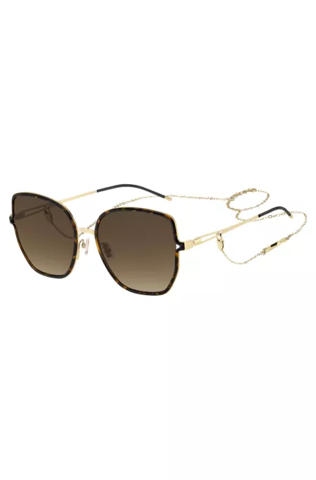Havana-frame sunglasses with forked temples and branded chain