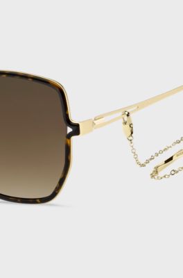 Havana-frame sunglasses with forked temples and branded chain, Assorted-Pre-Pack