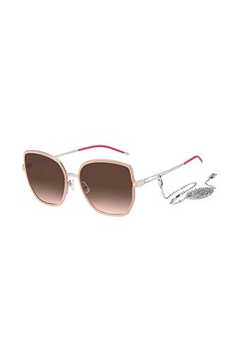 Nude-frame sunglasses with forked temples and branded chain, Assorted-Pre-Pack