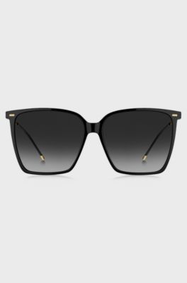 Black-frame sunglasses with forked temples and branded chain, Assorted-Pre-Pack