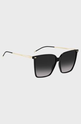Black-frame sunglasses with forked temples and branded chain, Assorted-Pre-Pack