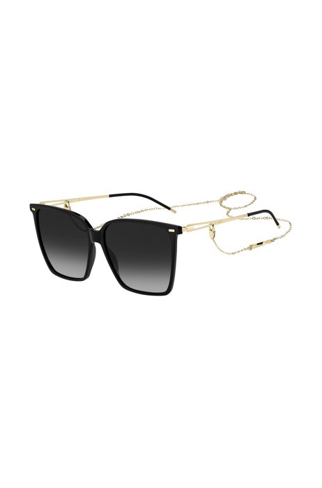 Black-frame sunglasses with forked temples and branded chain, Assorted-Pre-Pack