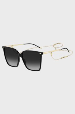 Black-frame sunglasses with forked temples and branded chain, Assorted-Pre-Pack