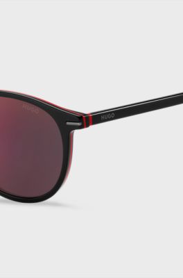 Round sunglasses in black acetate with red details, Assorted-Pre-Pack