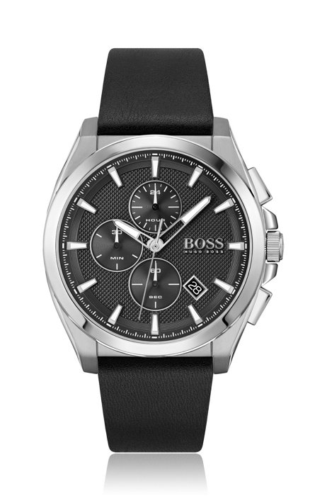 Stainless-steel chronograph watch with black textured dial, Assorted-Pre-Pack