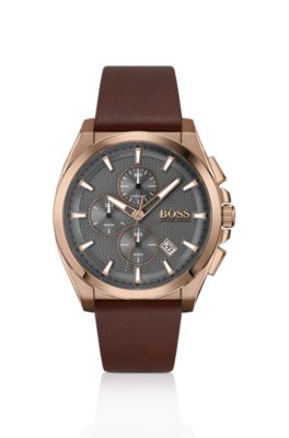 Brown-plated chronograph watch with grey textured dial, Brown