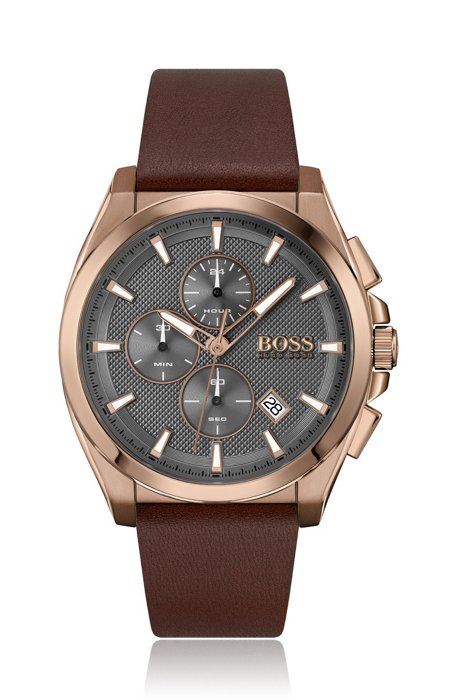 Brown-plated chronograph watch with grey textured dial, Assorted-Pre-Pack