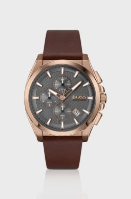 Brown-plated chronograph watch with grey textured dial, Brown