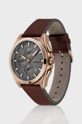 Brown-plated chronograph watch with grey textured dial, Brown