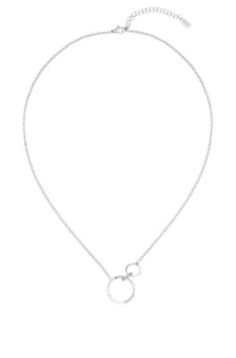 Twin-ring necklace with crystal-studded link, Silver tone