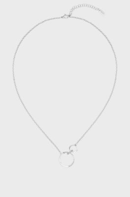 Twin-ring necklace with crystal-studded link, Silver tone