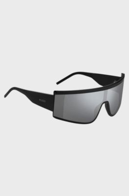 Black unisex shield sunglasses with logo, Assorted-Pre-Pack