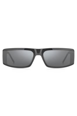 Grey-acetate mask-style sunglasses with temple logo, Assorted-Pre-Pack