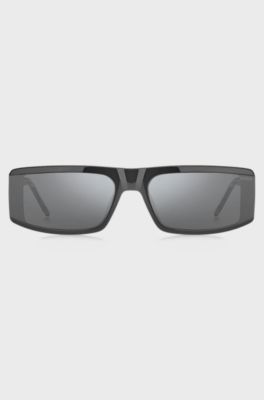 Grey-acetate mask-style sunglasses with temple logo, Assorted-Pre-Pack