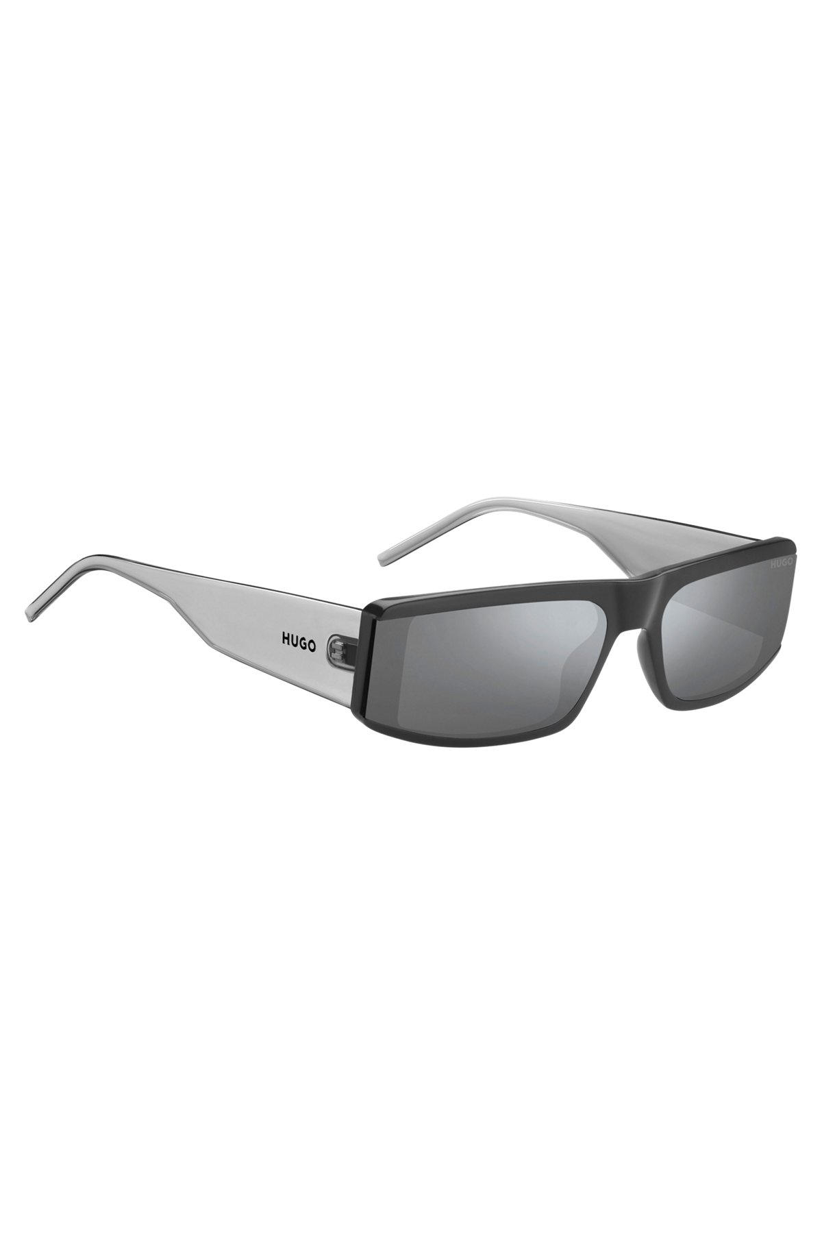Grey-acetate mask-style sunglasses with temple logo, Assorted-Pre-Pack