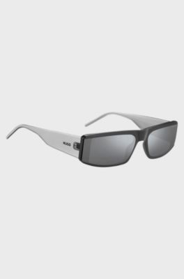 Grey-acetate mask-style sunglasses with temple logo, Assorted-Pre-Pack