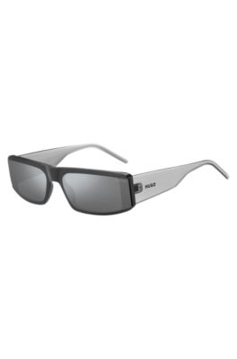 Grey-acetate mask-style sunglasses with temple logo, Assorted-Pre-Pack